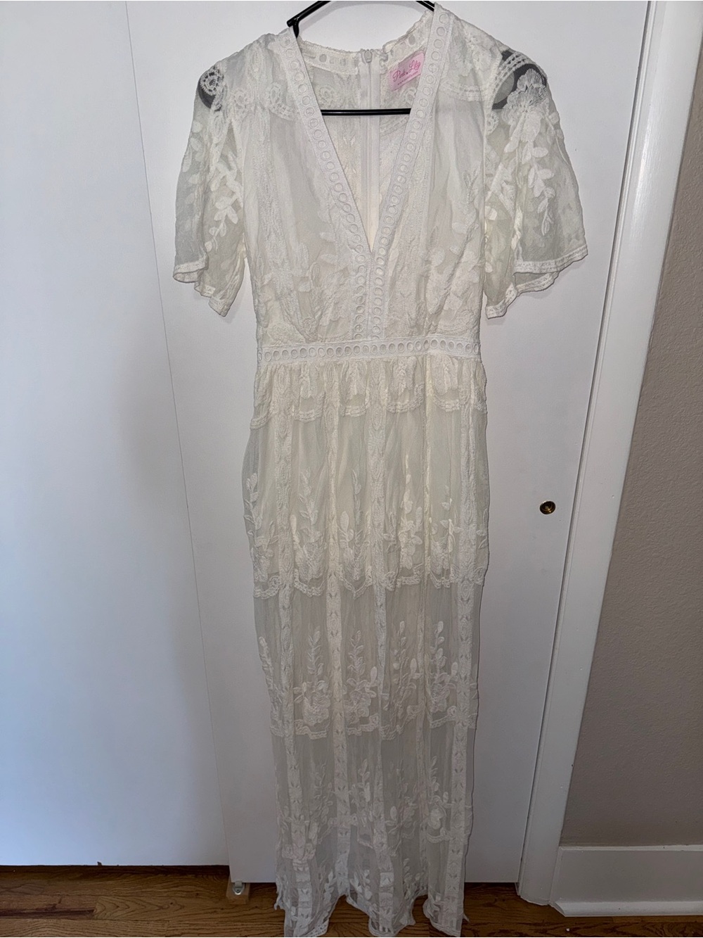 Pink Lily Ivory Lace Maxi Dress with V-Neck